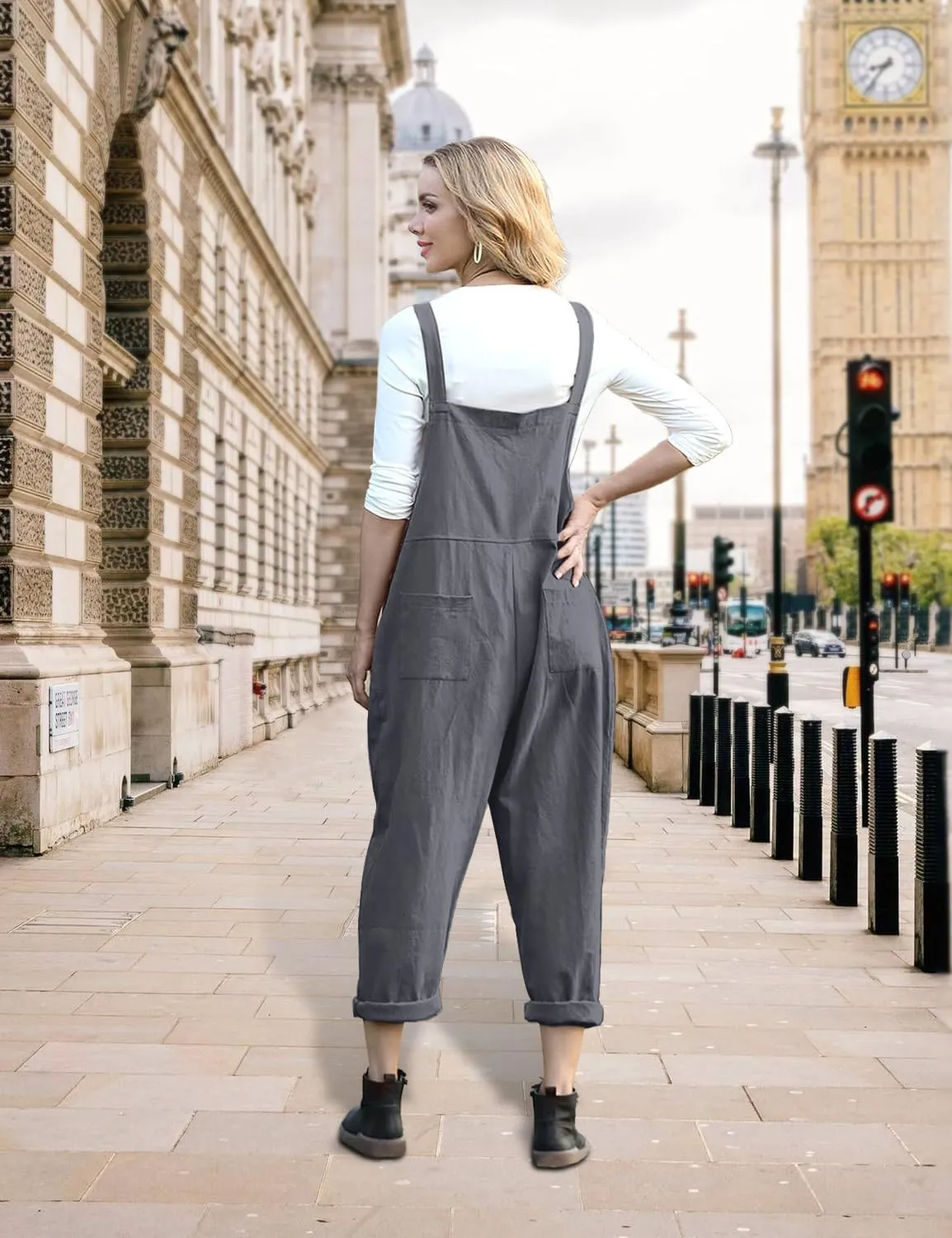 YESNO Women Long Casual Loose Bib Pants Overalls Baggy Rompers Jumpsuits with Pockets PV9