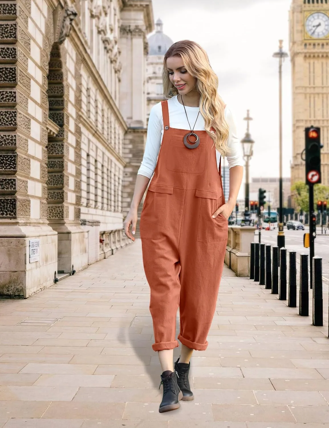 YESNO Women Long Casual Loose Bib Pants Overalls Baggy Rompers Jumpsuits with Pockets PV9