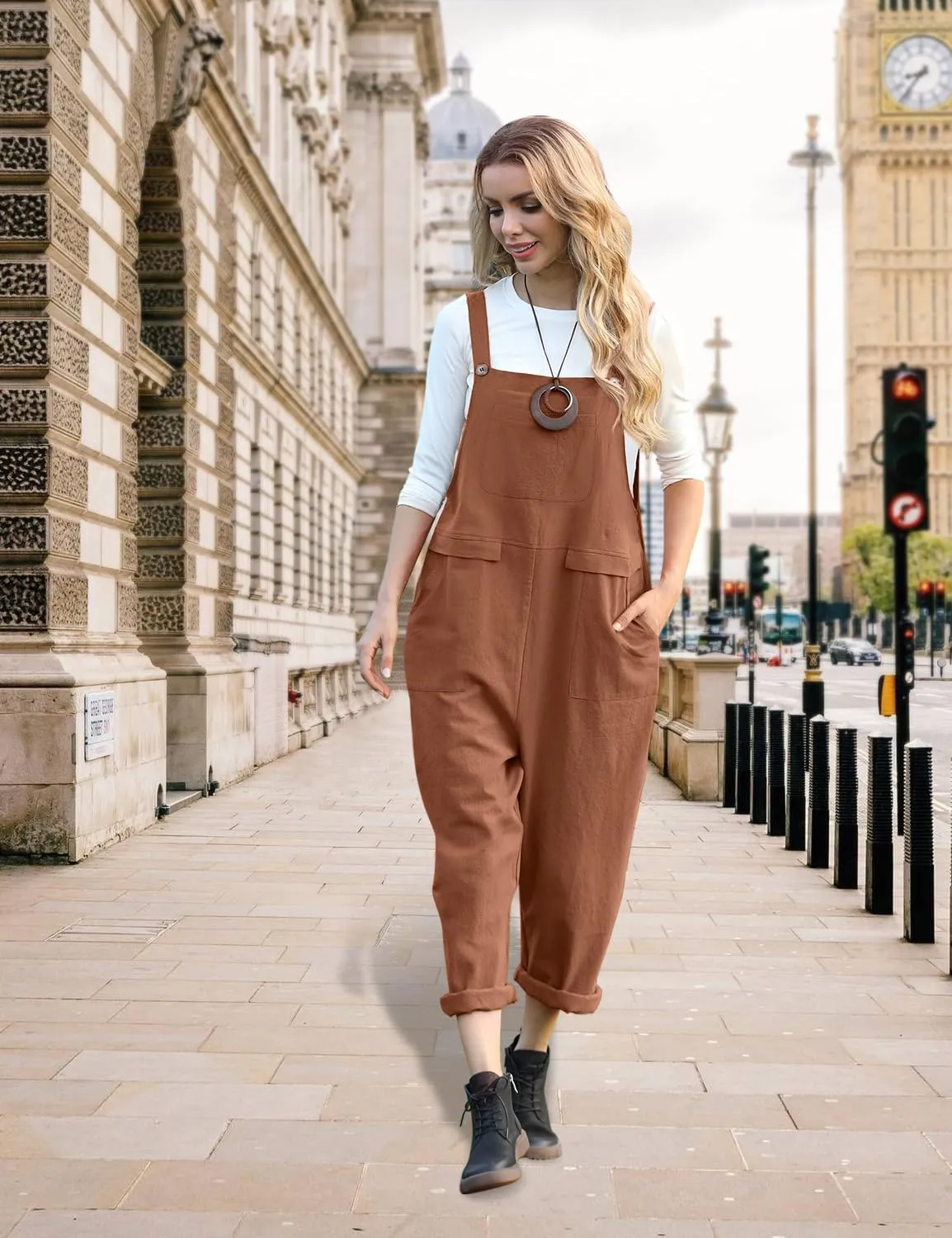 YESNO Women Long Casual Loose Bib Pants Overalls Baggy Rompers Jumpsuits with Pockets PV9