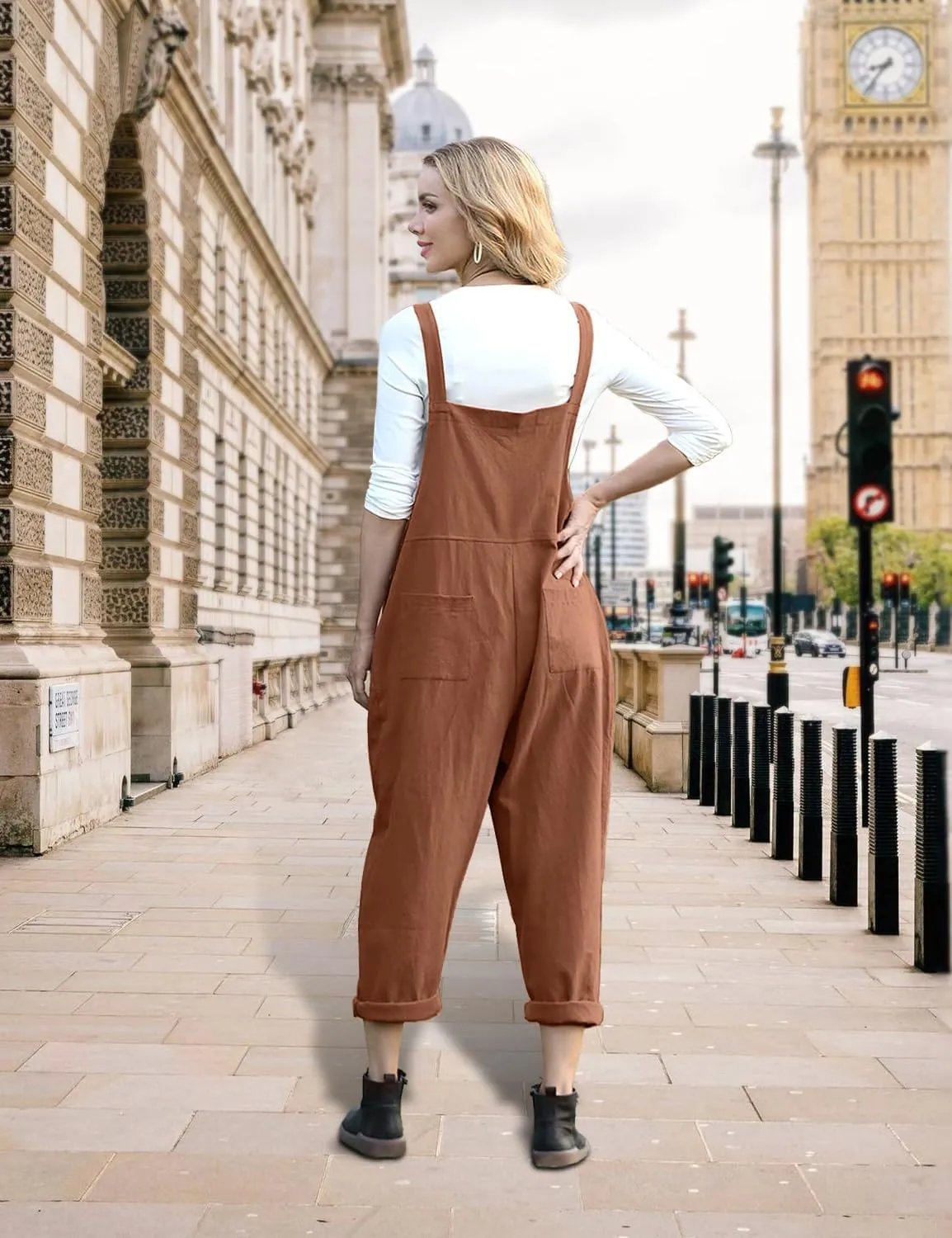 YESNO Women Long Casual Loose Bib Pants Overalls Baggy Rompers Jumpsuits with Pockets PV9