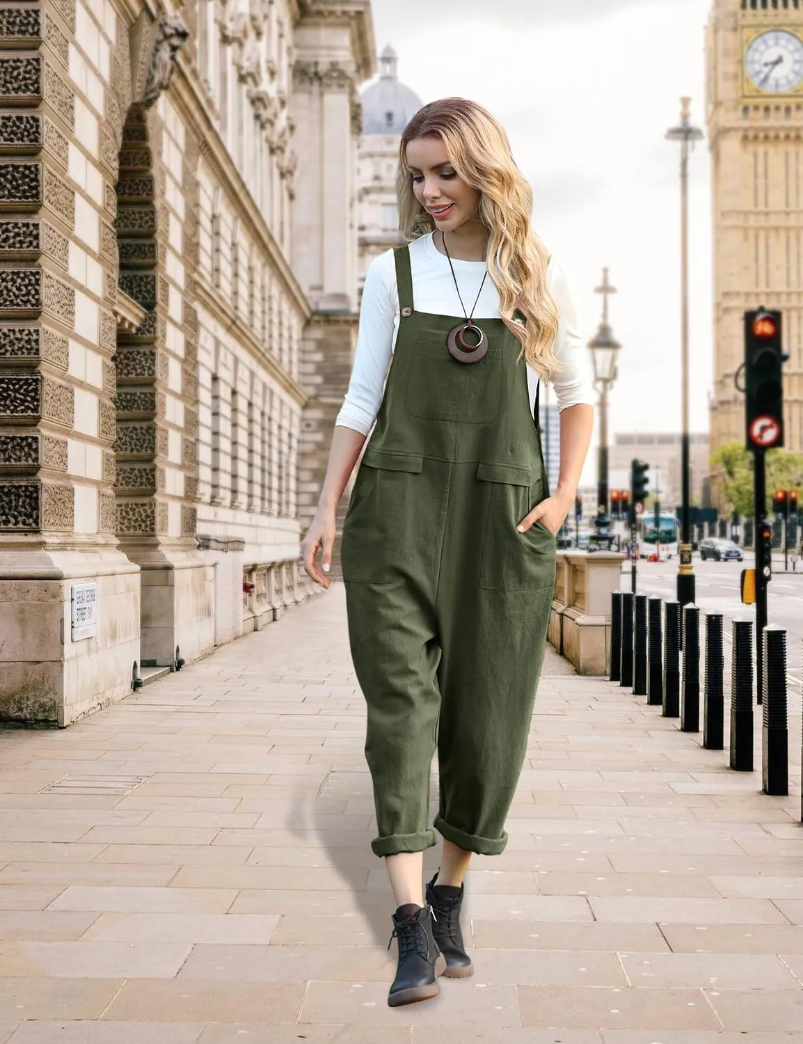 YESNO Women Long Casual Loose Bib Pants Overalls Baggy Rompers Jumpsuits with Pockets PV9