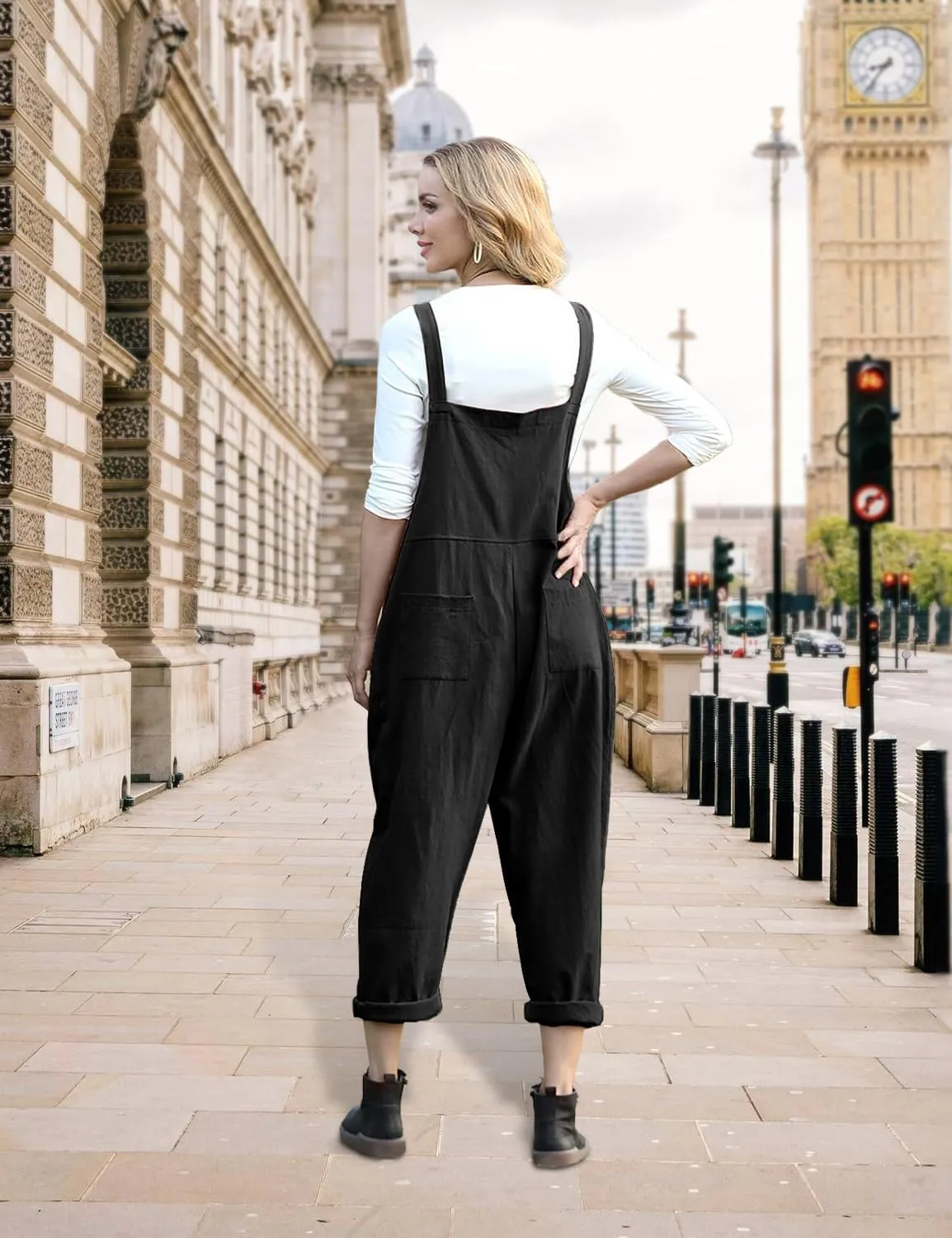 YESNO Women Long Casual Loose Bib Pants Overalls Baggy Rompers Jumpsuits with Pockets PV9