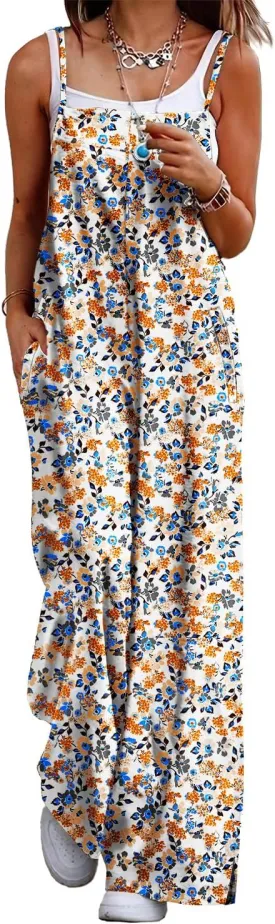 YESNO Women's Summer Boho Casual Jumpsuits Wide Leg Overalls Floral Print Baggy Rompers with Pockets PZZCR