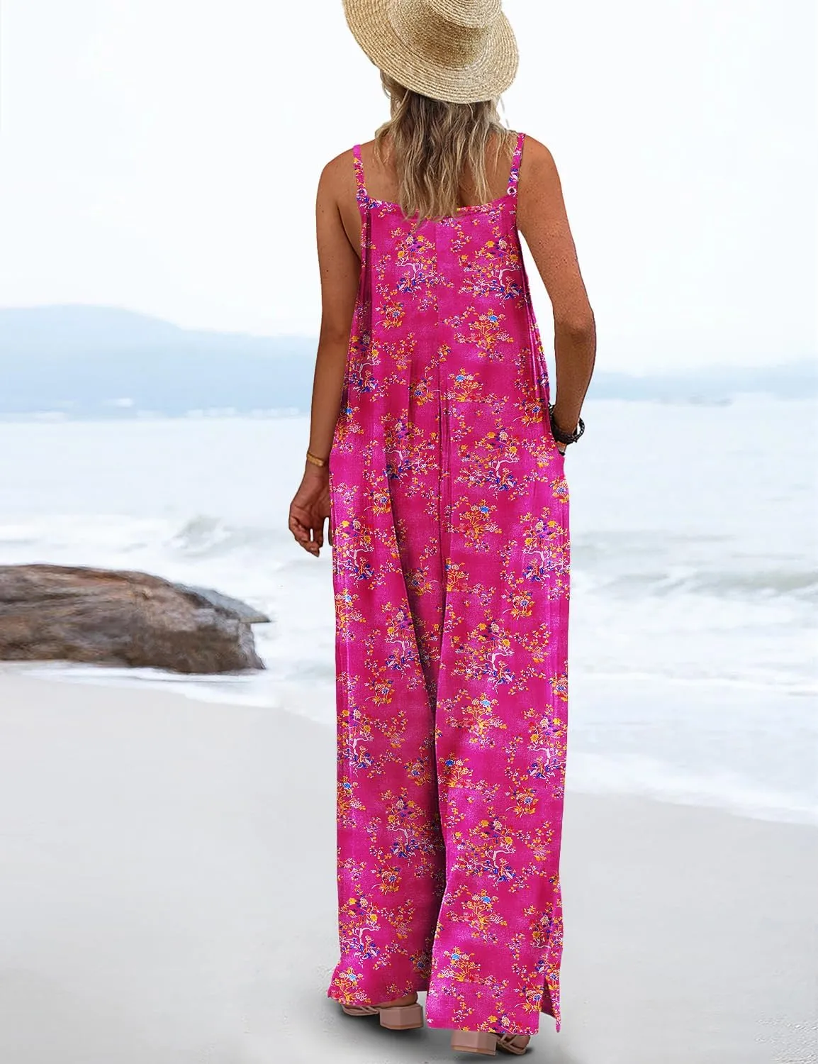 YESNO Women's Summer Boho Casual Jumpsuits Wide Leg Overalls Floral Print Baggy Rompers with Pockets PZZCR