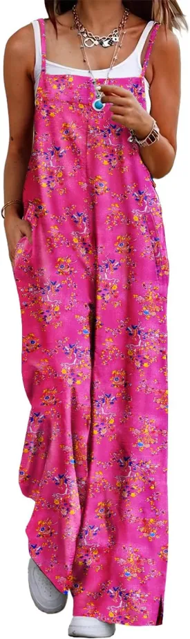 YESNO Women's Summer Boho Casual Jumpsuits Wide Leg Overalls Floral Print Baggy Rompers with Pockets PZZCR