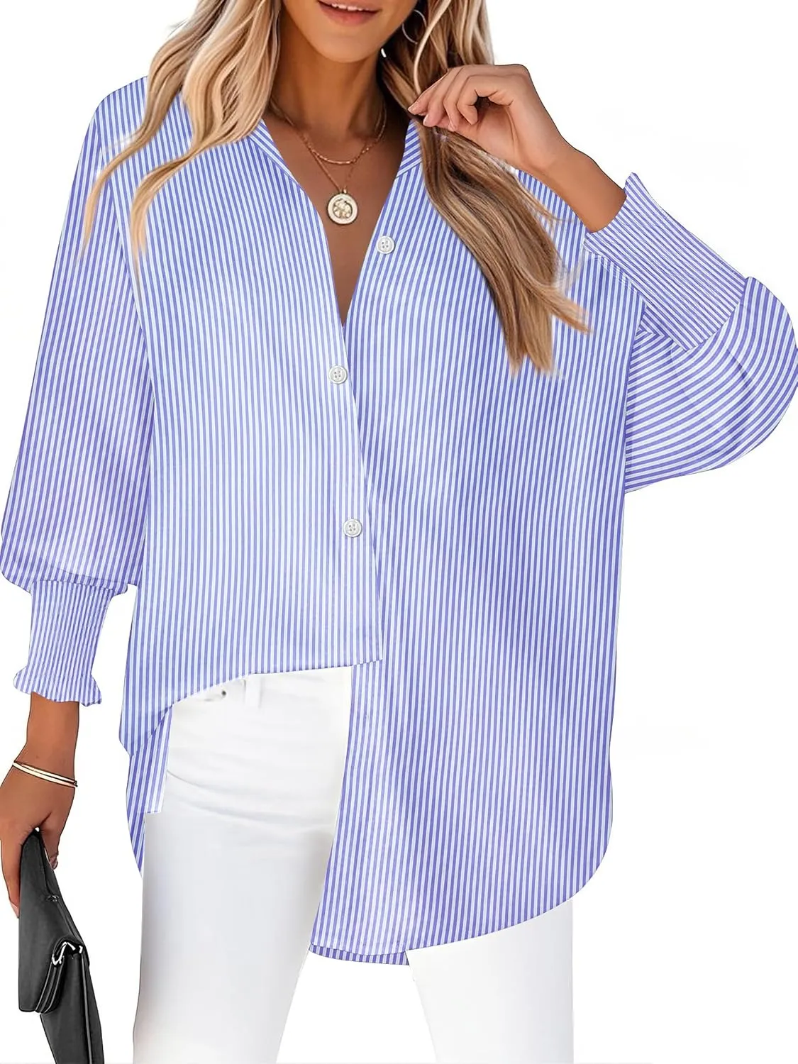Zeagoo Womens Button Down Shirts Loose Fit Striped Printed Lantern Long Sleeve Blouses Smocked Cuff Business Work Fall Tops