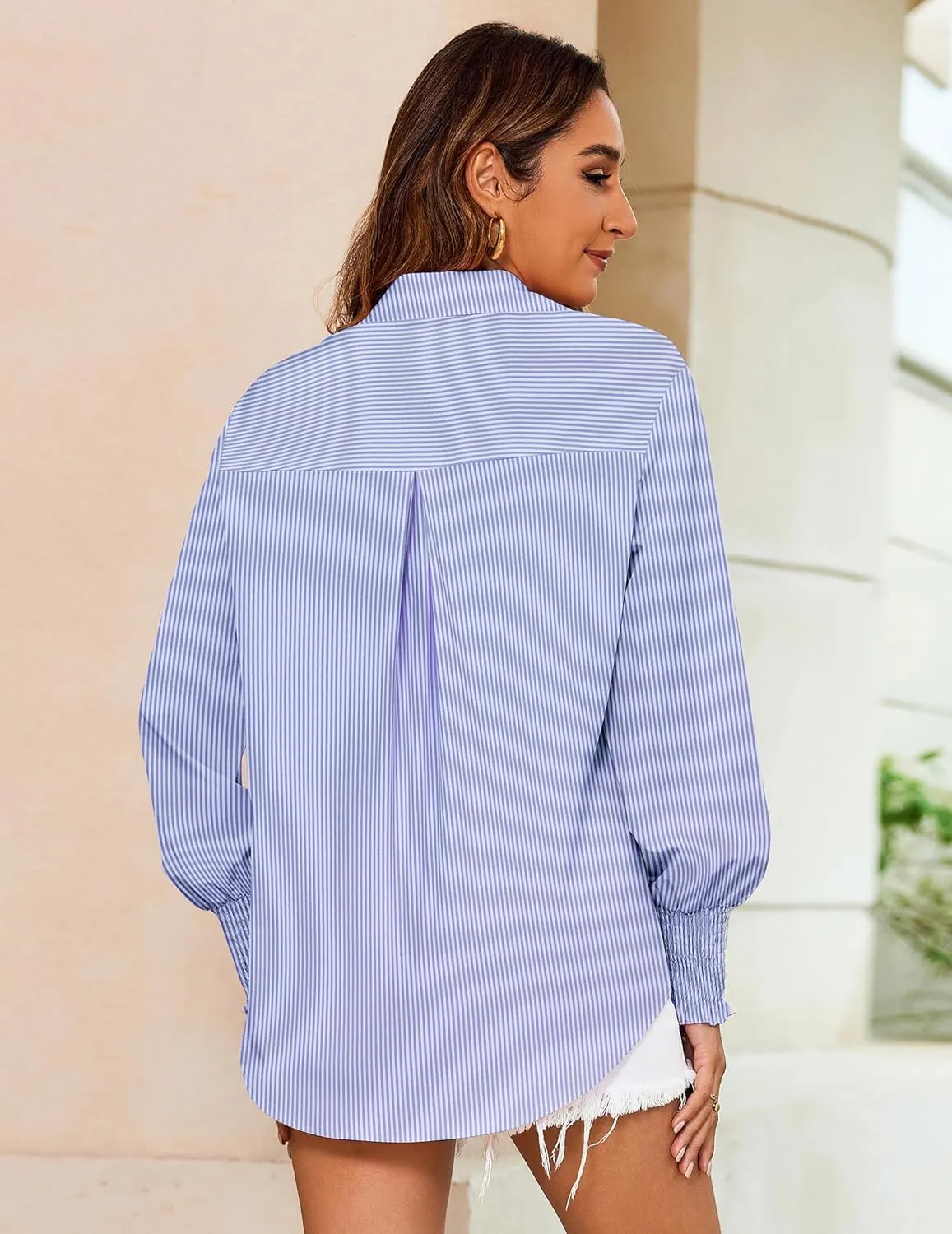 Zeagoo Womens Button Down Shirts Loose Fit Striped Printed Lantern Long Sleeve Blouses Smocked Cuff Business Work Fall Tops