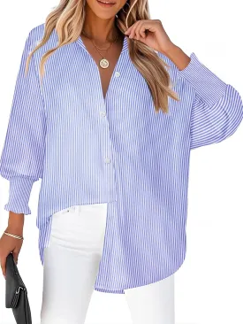 Zeagoo Womens Button Down Shirts Loose Fit Striped Printed Lantern Long Sleeve Blouses Smocked Cuff Business Work Fall Tops